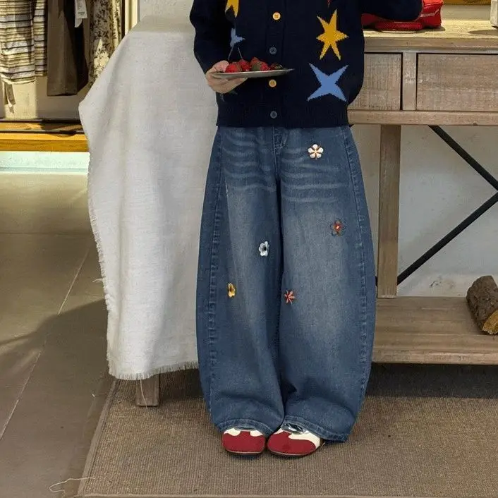 Girls' Fleece Thickened Jeans 2025 Winter Korean Medium and Older Children Integrated Fleece Loose Scimitar Wide-leg Pants