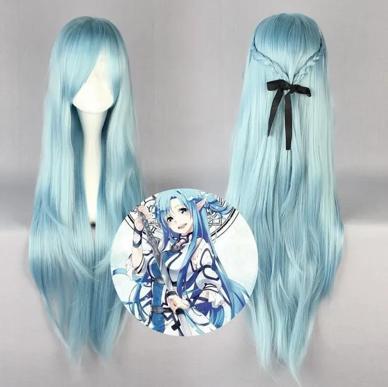 Wholesale SAO ALO Titania Yuuki Asuna Water Fairy Long Straight Aqua Blue Cosplay Full Wig