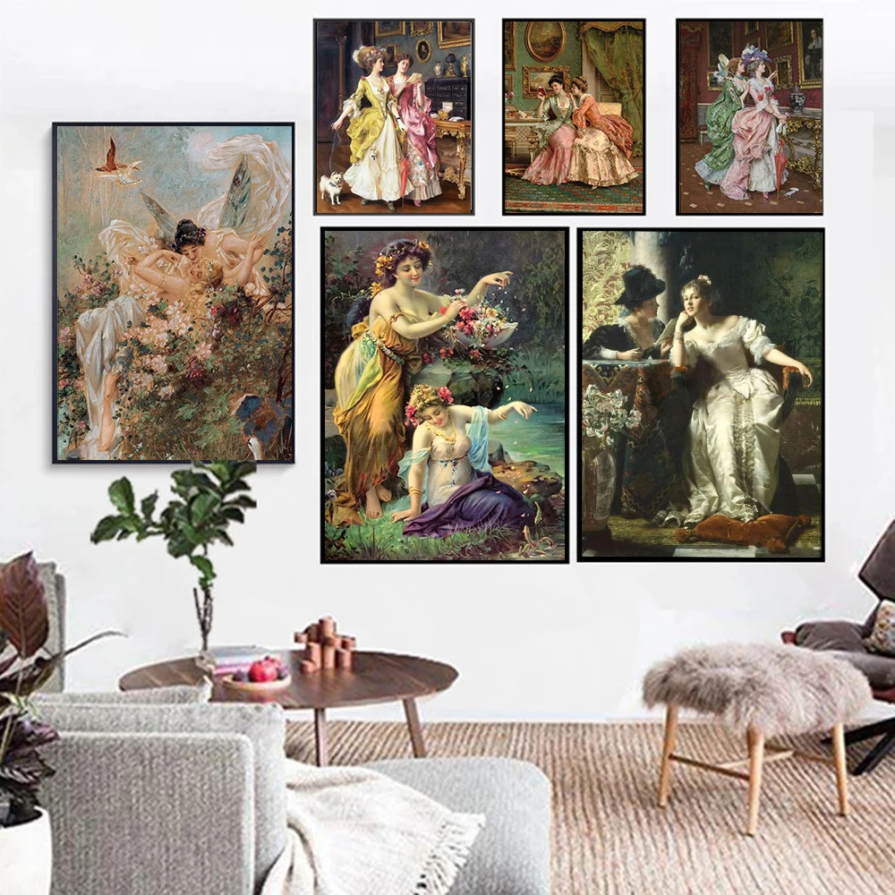 1pc Frameless Canvas Painting Renaissance Art Women Love Poster Prints for Living Room Home Decor Vintage Victorian Girls Portra