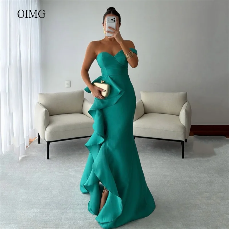 فستان سهرة أنيق بحورية البحر من OIMG مزين بالزهور قبالة الكتف مكشكش للحفلات بفتحة جانبية بطول الأرض 2026 مخصص
