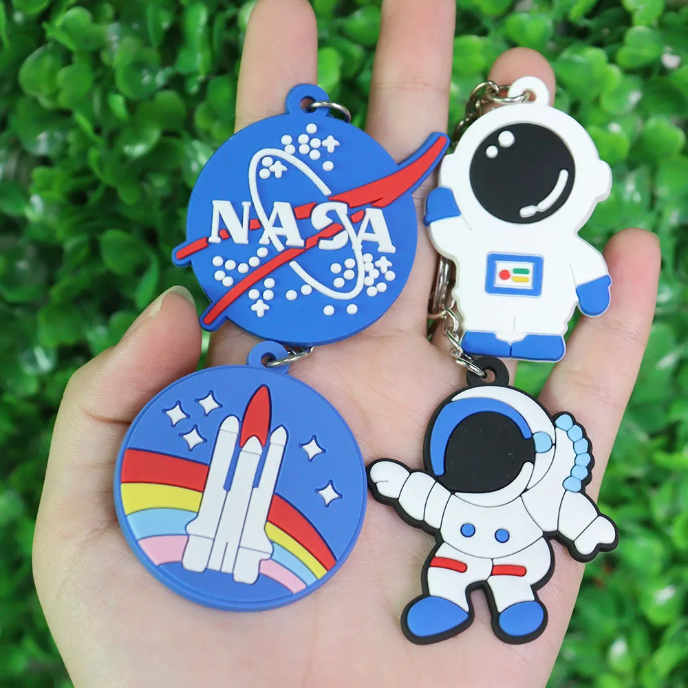 1PCS PVC Keychain Kawaii Cartoon Key Rings Astronaut Universe Pattern Key Holders Fit Adult Car Keys Kids Party Gift Trinkets
