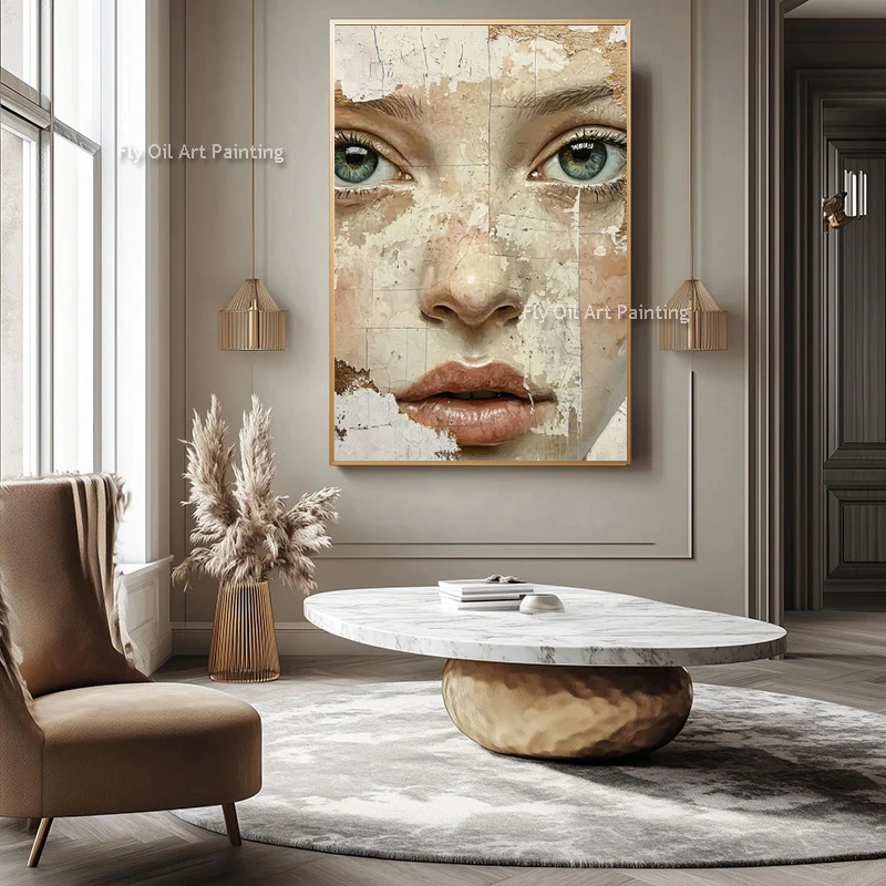 Hand Drawn Specail Design Beige White Women Face Canvas Wall Art Items Simple Green Brown Grey Girl Portrait Oil Painting As Gif
