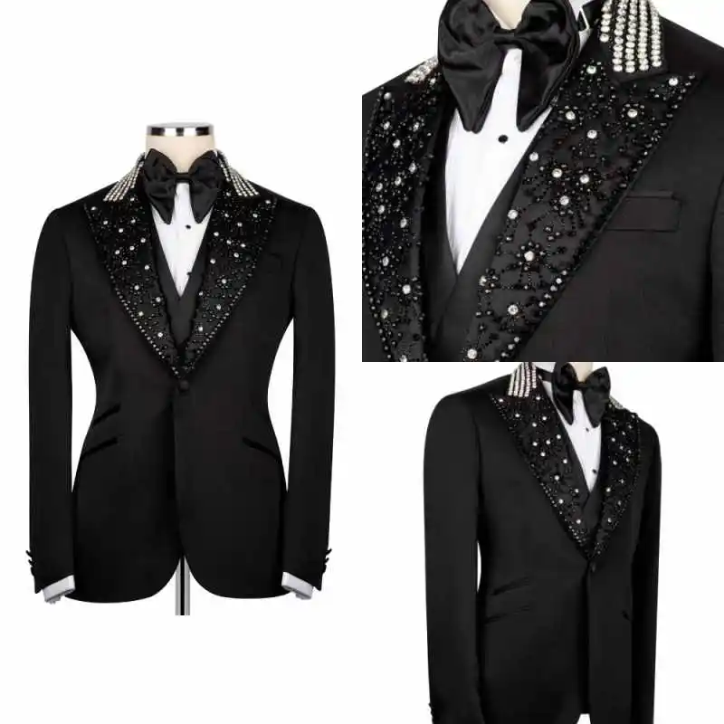 

Luxury Rhinestone Wedding Groom Tuxedos 2 Pieces Blazer Pant Peaked Lapel Crystal Beaded Men Formal Occasion Party Customized