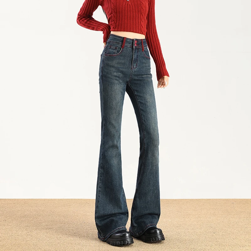 Women High Waist Stretch Slim Bell Bottom Jeans Double Button Vintage Contrast Red Stitch Flared Denim Pants Skinny Fit Trousers