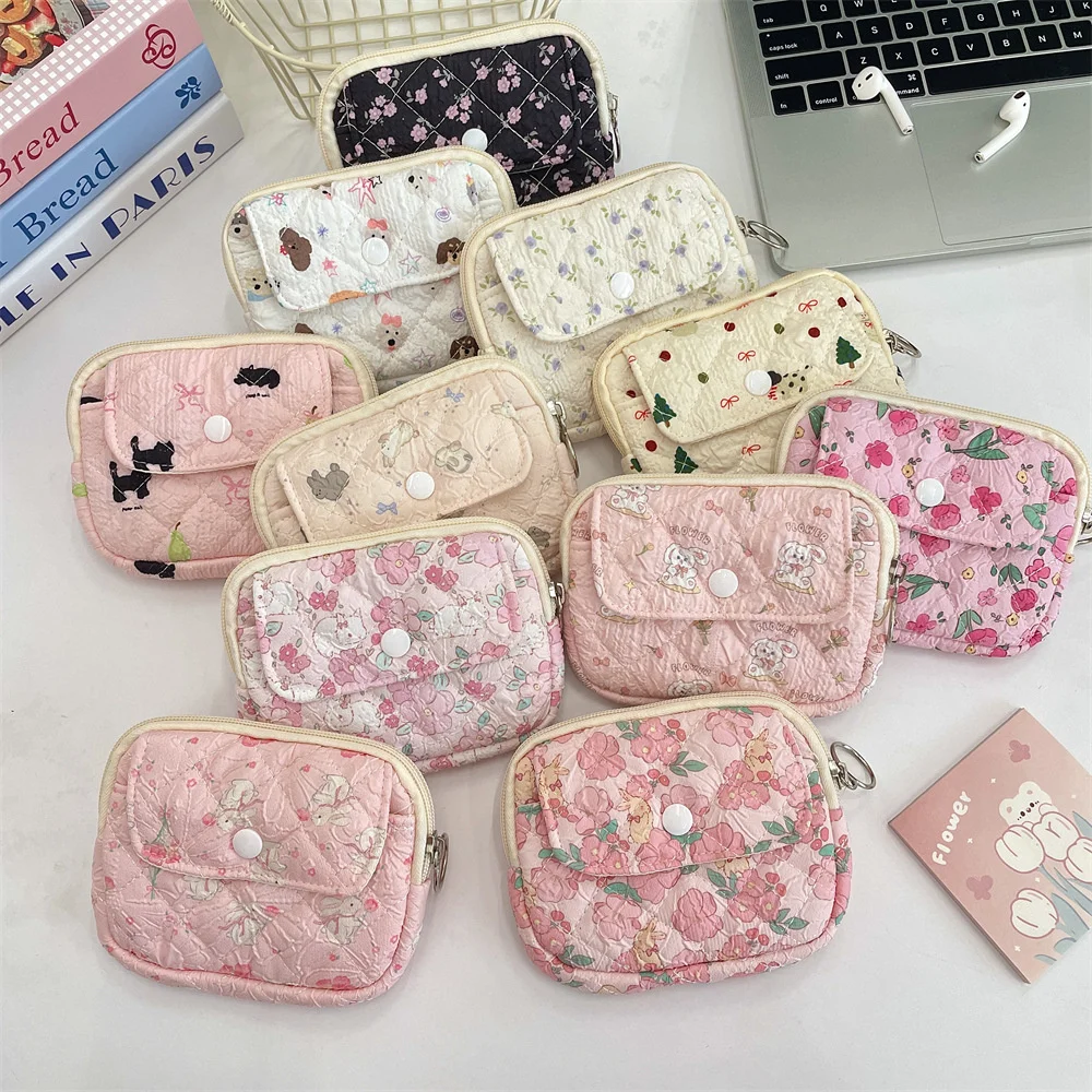 Cute Cartoon Floral Quilting Coin Purse Mini Card Holder Double Layer Storage Bag Women Makeup Lipstick Bags Jewelry Packing Bag