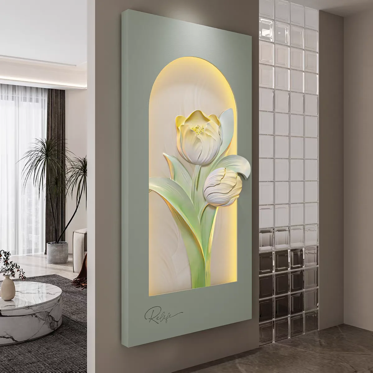 *% Home  3D Modern Three-dimensional Tulip Fashion Design Pure Hand-drawn Hanging LED Wall Art Relief Decor Painting g