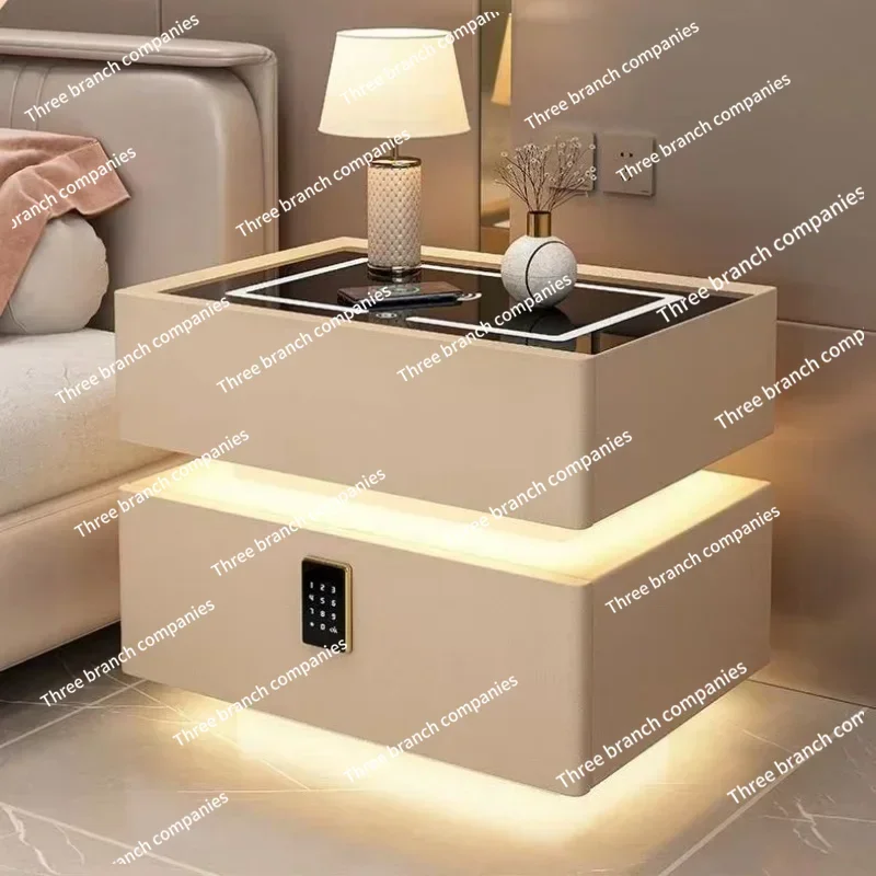 Modern Style Solid Wood Bedside Table with Wireless Charging Smart 2 Drawers Bedroom Nightstands with Lock