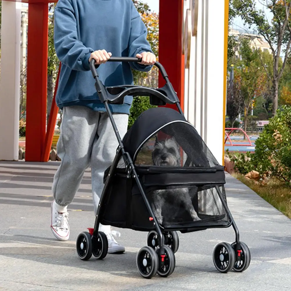 

4 Wheels Dog Cat Stroller, Outdoor Travel Pet Folding Stroller, Dog Cat Cage Stroller with Cup Holder, Breathable and Visible Me