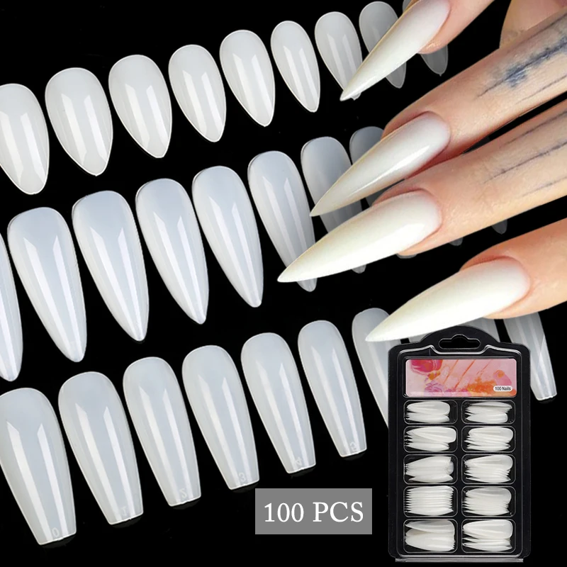 100pcs/box Natural Fake Nails Clear White Full Coverage Extension False Nails Tips T-shaped Water Drop Full Sticker For Nails