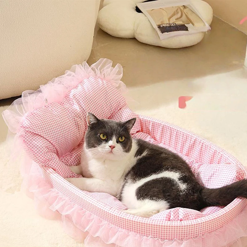 Gaze-Verziertes Prinzessinnen-Katzenbett Ganzjährig Geeignet für Katzen und Hunde Waschbares Atmungsaktives Haustier-Prinzessinnen-Sofa-Bett