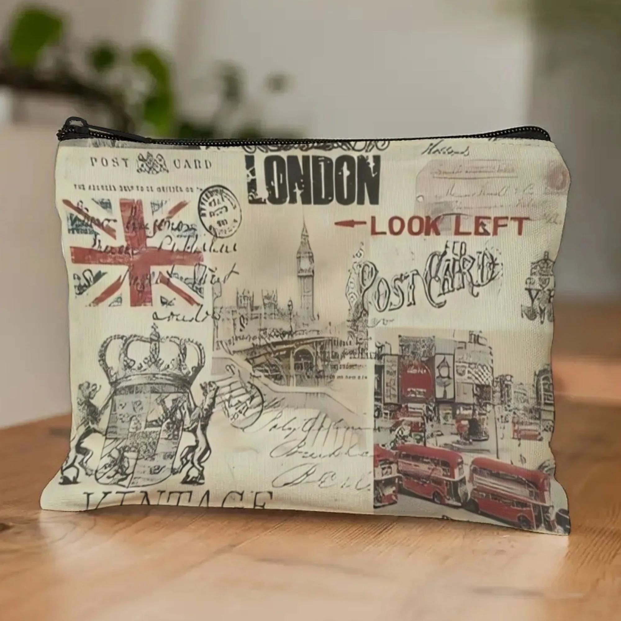Vintage London Memory Cosmetic Bag UK Flag Big Ben Red Double-Decker Bus & Royal Badge Print Retro Postcard Style Travel Pouch
