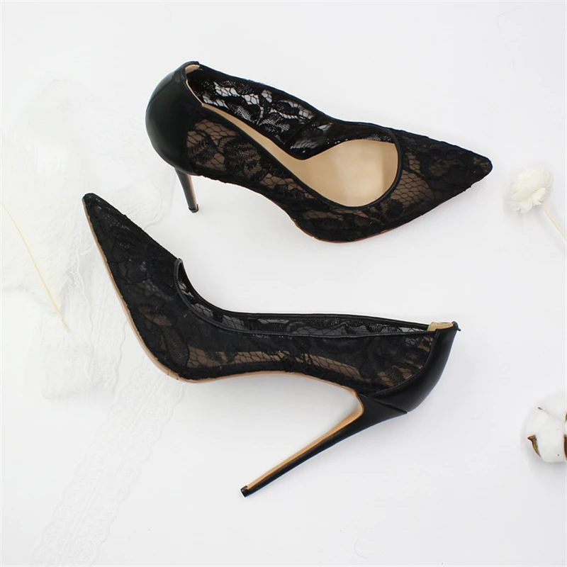 Spring and summer new pointed shallow lace mesh breathable red sole shoes thin high-heeled banquet dress large size women\'s shoe