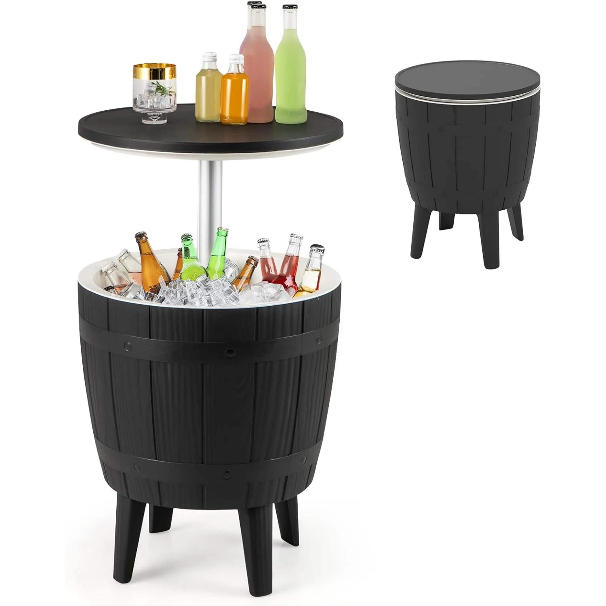 Outdoor End Table Cooler - 10 Gallon Cooler Side Table with Height Adjustable Tabletop, 3-in-1 Ice Bucket for Beer & Wine Storage, Cocktail Patio Bar Table for Deck Pool Backyard Party (Black)