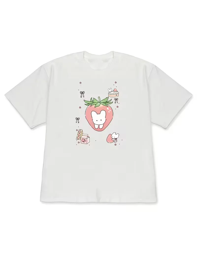 Cute Strawberry Peach Bunny Graphic Tee for Women Sweet Rabbit Print Short Sleeve Blouse Spring Summer Casual High Quality Tee
