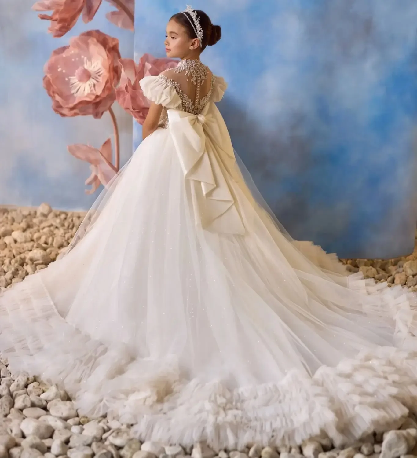 Vestidos de cumpleaños personalizados con cuello alto para niñas, vestidos de primera comunión para bebés, vestidos de flores con volantes de lujo para boda