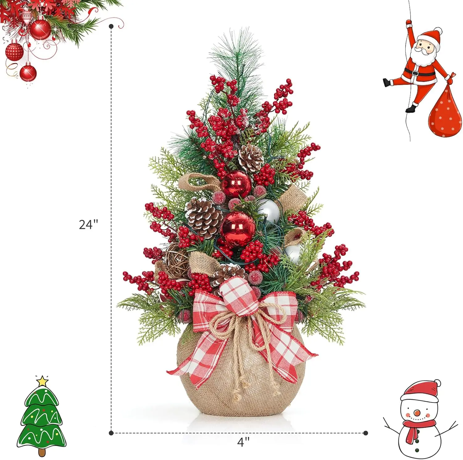 24 em mini árvore de natal com luzes, árvore de mesa artificial pré-iluminada com arco e bolas, bagas vermelhas e pinhas para decoração de natal