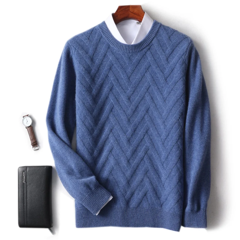 

Autumn and winter new 100% Merino wool men's crewneck thick jacquard pullover sweater casual business knit base coat