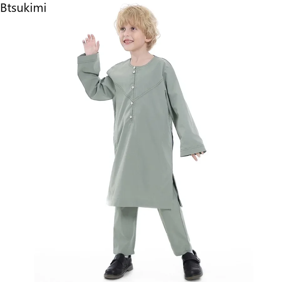 Thobe arabe Jubba pour enfants, robe et pantalon Abaya Ramadan, robe caftan pour enfants, ensembles musulmans, 2024, 2 pièces