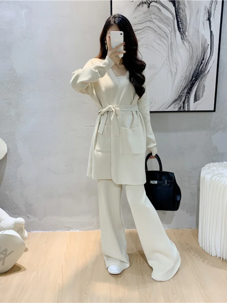 Winter Women Knitted 2 Pieces Set Muslim Casual Thicken Long Jacket Dress Sweater Coat +pant 2PCS Suits Warm Set Abaya 2024