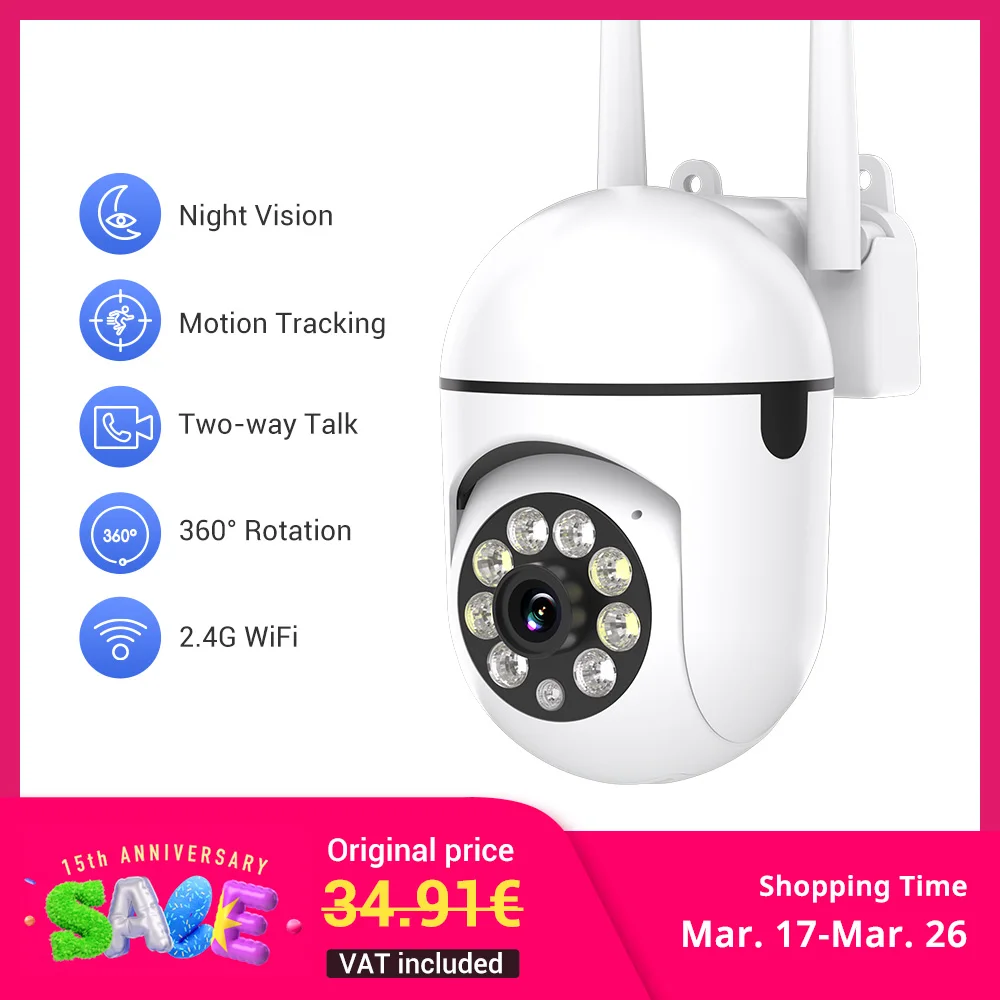 1PC Ease Life APP Wireless 1080P HD Indoor/Outdoor WiFi Security Camera, Color Night Vision, 2-Way Audio, 360° Pan/Tilt/Zoom, Mo