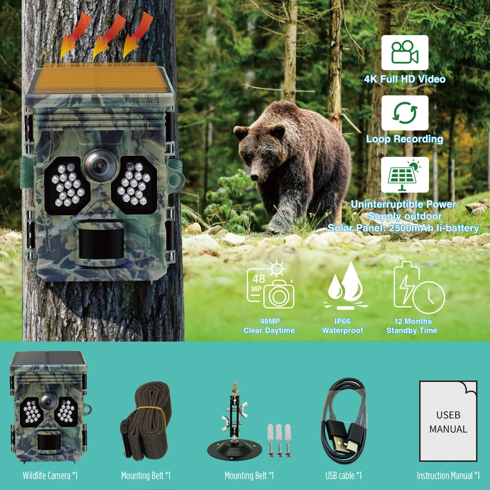 Solar Powered Hunting Camera 4K 48MP Video Photo Wildlife Night Vision Trail Cam Motion Activated Photo Trap Waterproof IP66