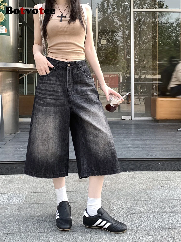

Botvotee Scratched Washed Calf Length Wide Leg Baggy Jeans for Women High Waisted Denim Pants Summer Y2k Fashion Oversized Jeans