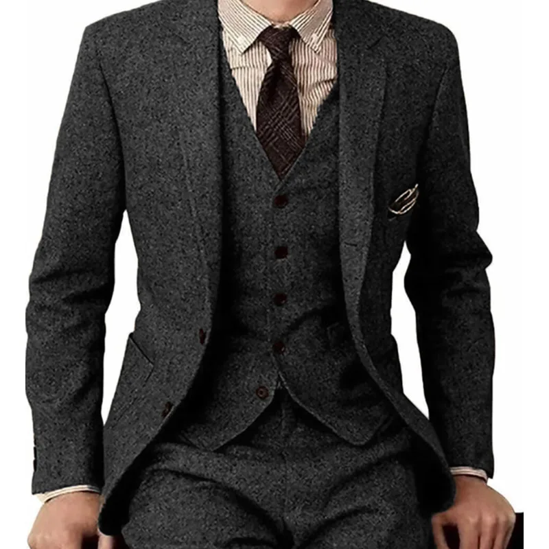 Terno de três peças masculino notch lapela tweed casual terno de negócios para casamento, trabalho (blazer + colete + calças)