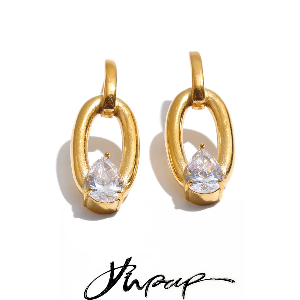 Yhpup Stainless Steel Cubic Zirconia Hollow Oval Stud Earrings 18K Gold Color PVD Plated Delicate Daily Modern Jewelry