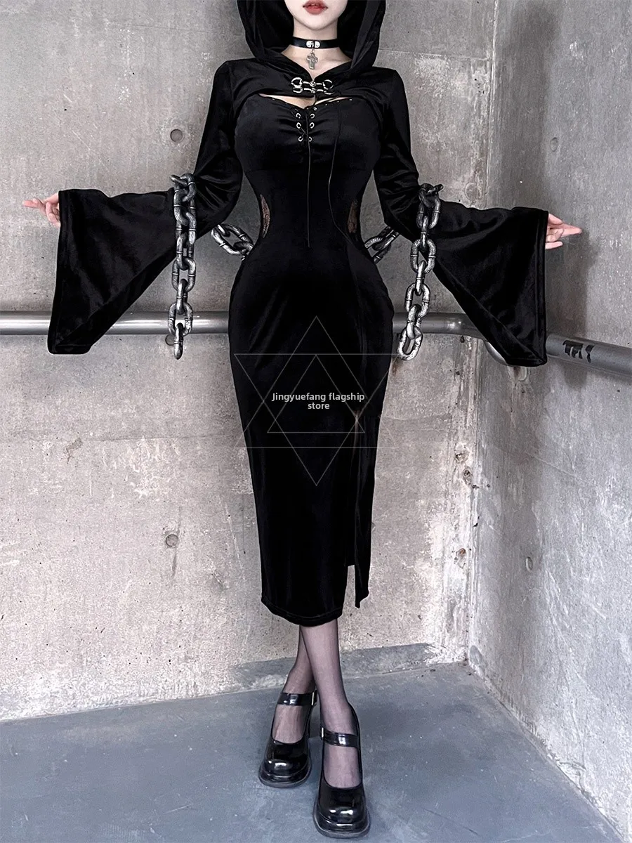 

Gothic High Slit Dr Sexy Strapl Hooded loween Cosplay Roleplay Dr Women's Faionable Stage Costume