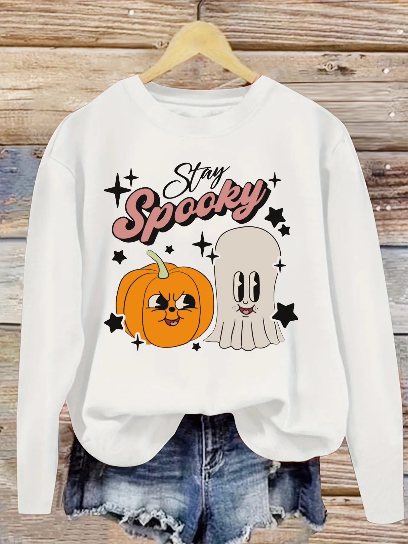 Women's Casual Long Sleeve Crew Neck T-Shirt Stay Spooky Pumpkin Ghost Stars Design, Round Neck Women's Clothing, Machine Washable, Slightly Elastic, Loose Fit, Spring Autumn Winter Women's T-Shirt, Halloween Costume Outfit view 5