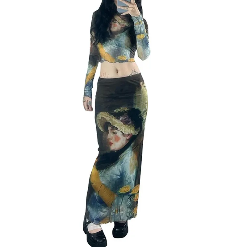 Women's 2 Pieces Sets Punk Gothic Y2k Vintage Aesthetic Bodycon Skirt Women Long Sleeve Slim Fit T-Shirt Fashion Printed Skirt