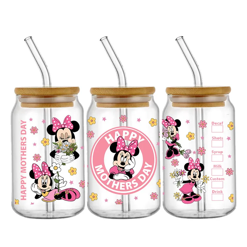 Imagem -03 - Mom Mama-disney Mickey Stitch Adesivo Envoltório do Copo Ferro na Transferência para o Vidro Copa Wraps Dia de Mather uv Dtf Libbey 16oz