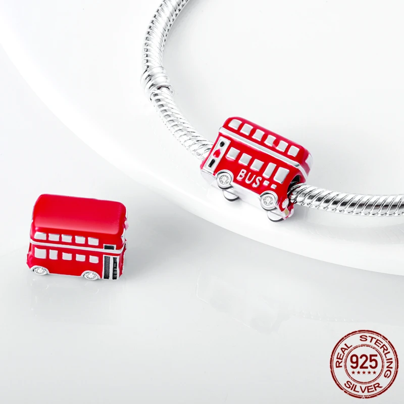 ลูกปัดจี้รูปรถบัสและรถไฟเงินแท้ 925 พร้อมสร้อยข้อมือแท้ - ของขวัญเครื่องประดับ DIY สำหรับผู้หญิง