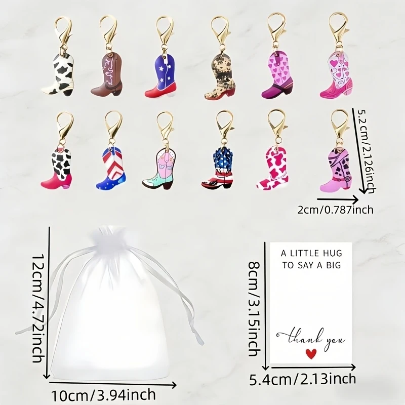36pcs Cowboy Boot Keychain Set – 12 Sets w/ Cards & Bags, Birthday Party Anniversary Christmas Gift for Friends Family
