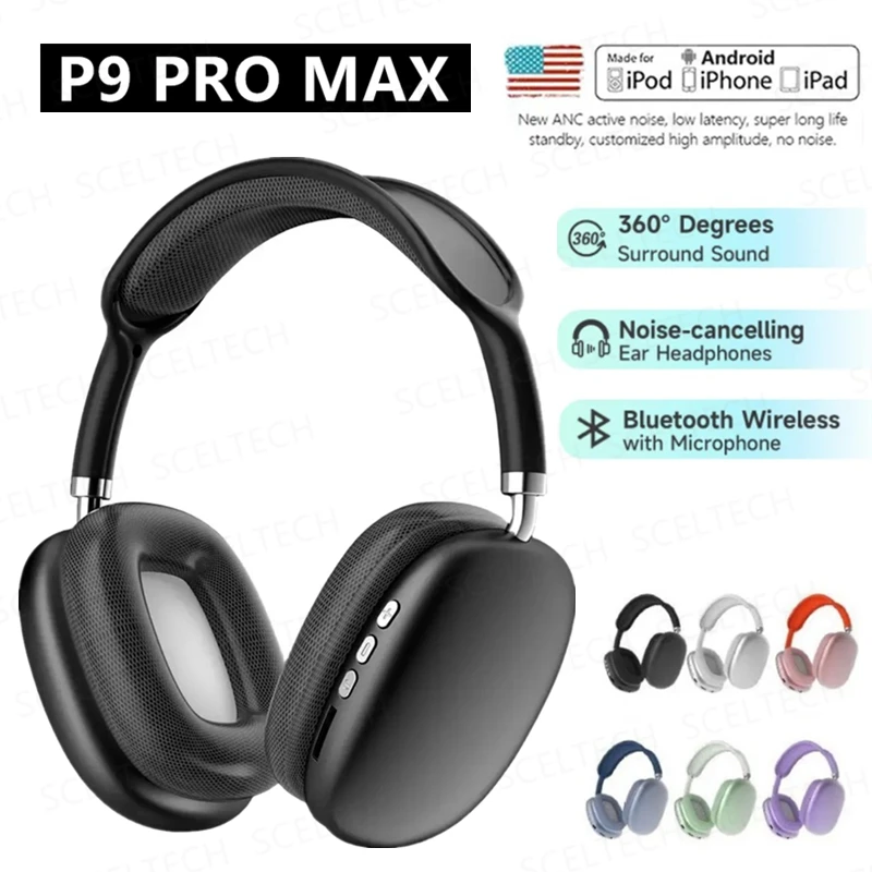 Nuevos auriculares inalámbricos Bluetooth P9 Pro Max Air con cancelación de ruido, auriculares con micrófono sobre la oreja, auriculares deportivos para juegos para Apple