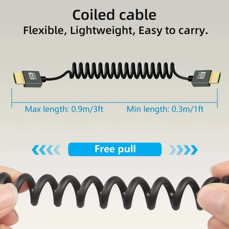 1 متر المحمولة 8K UHD ملفوف كابل صغير/مايكرو HDMI متوافق تمتد الربيع الحبل للكمبيوتر المحمول كاميرا لوحية شاشة كاميرا DV HDTV #3