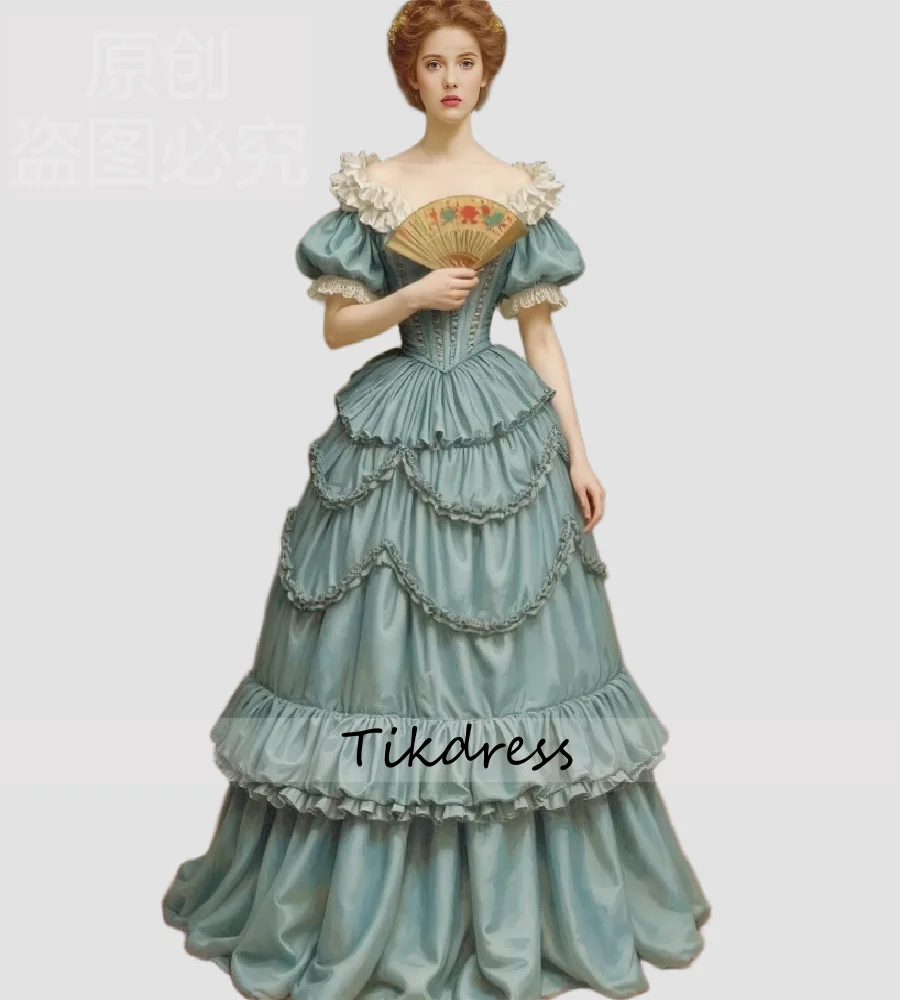 Luxuriöses aristokratisches viktorianisches Abendkleid mit kurzen Ärmeln, gestuftes mittelalterliches 1860-Abschlussballkleid, rückenfrei, formelle Zeremonienparty