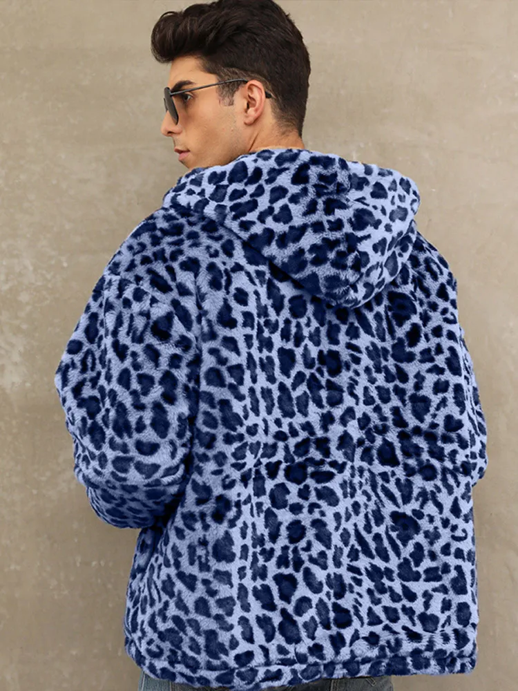 2024 Autumn Winter Faux Fur Leopard Coat Men's Warm Plush Zipper Long Sleeve Hooded Jacket Male Fashion Street Thickened Coat