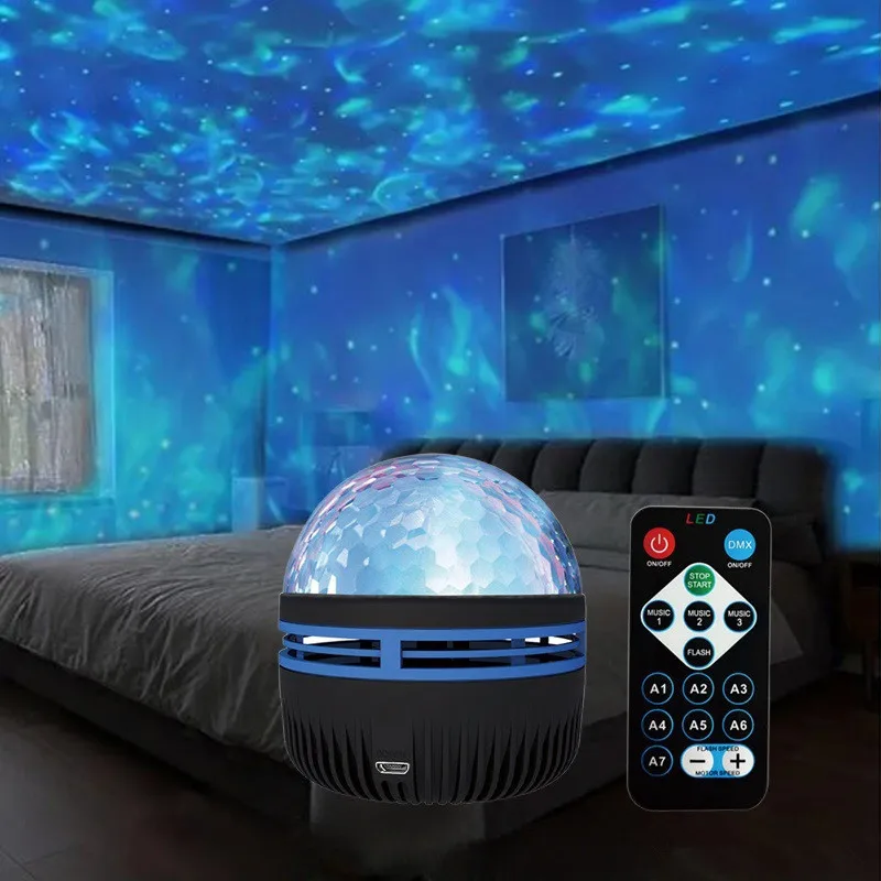 Starry Sky Sound Control Magic Ball Light, Iluminação de palco USB, lâmpada ambiente, controle remoto, projeção LED, água Ripple, Quarto