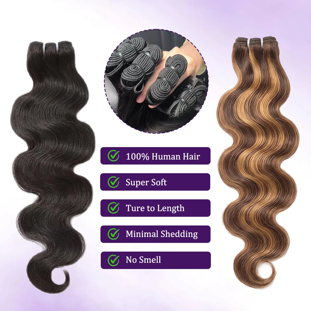 Body Wave Hair Bundles Highlight 100% Human Hair 16A Raw Brazilian 28 30 Inch Natural Black Color Double Weft Virgin Remy Hair Extensions Ombre Colored Weaves 2 3 4 Bundle For Women