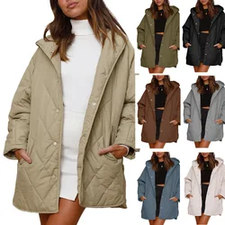 Chaqueta con capucha empalmada a cuadros para mujer, abrigo informal de manga larga con botones cubiertos, cárdigan de ajuste suelto sólido con bolsillos, ropa de otoño