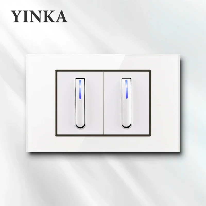 YINKA White Piano Keys Universal Wall Light Switch Tempered Glass Panel Push Button Switch LED Indicator AC110V-250V 118mm*72mm