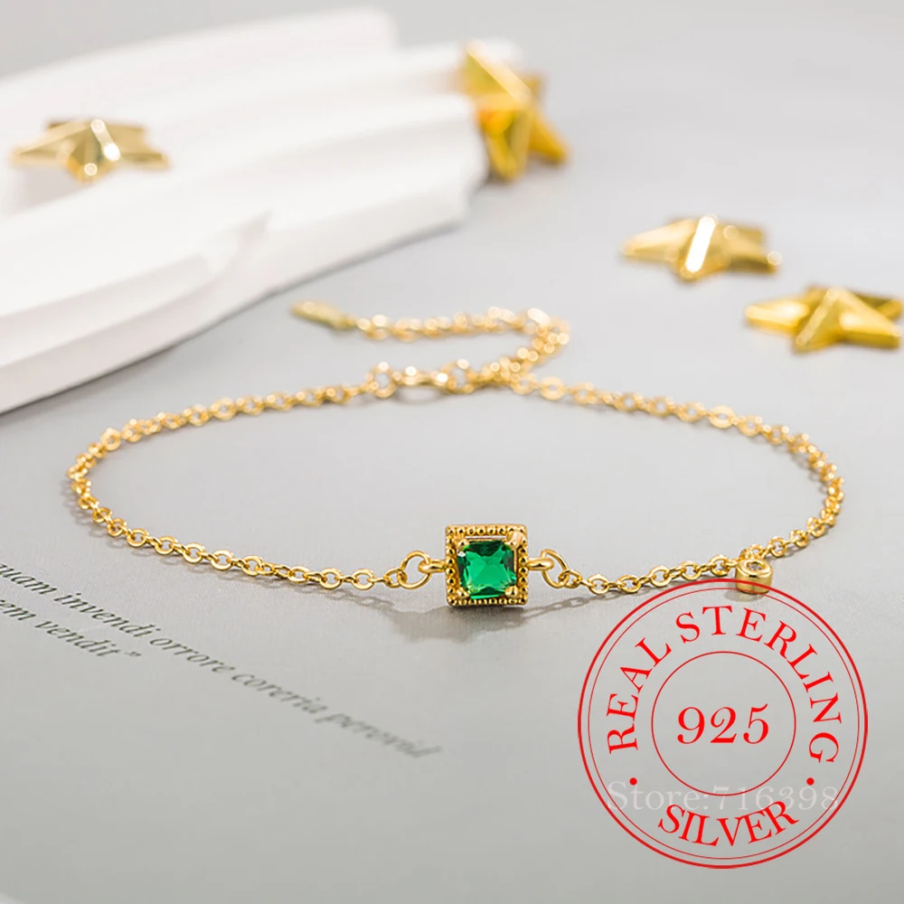 Luxury S925 Sterling Silver Female Bracelet 14K Gold Square Emerald Crytal Bracelets For Women Girls Fine Jewelry Wedding Gift