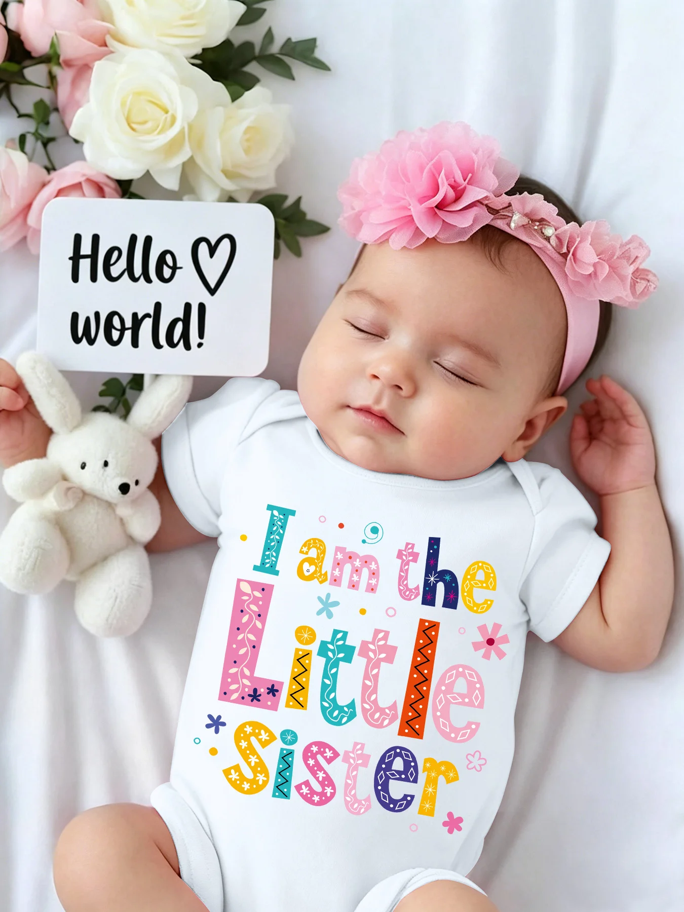 Baby Girl Triangle Romper I Am The Little Sister Letter Print Newborn Cute Short Sleeve Climbing Suit for Outdoor 100% cotton