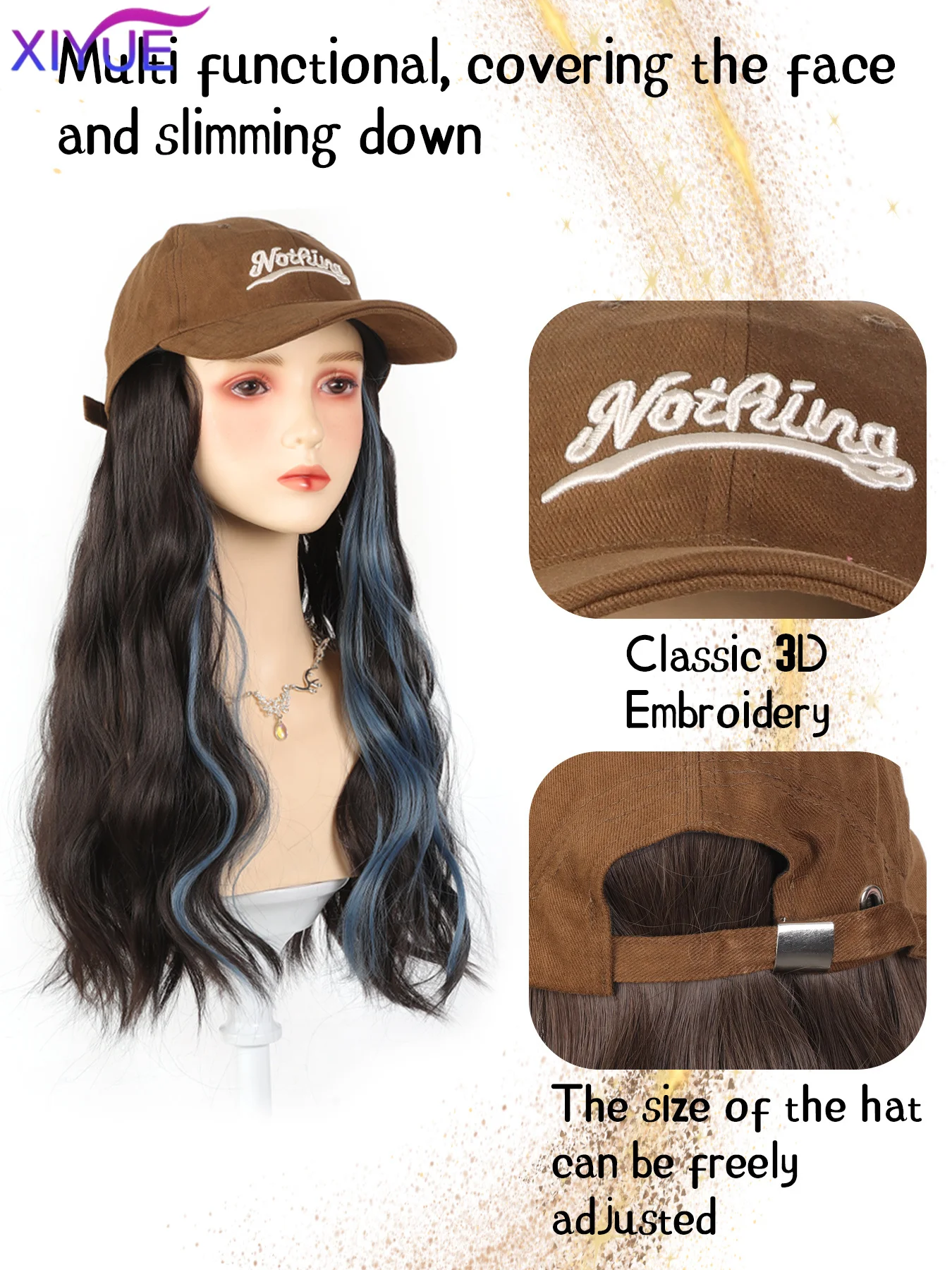 XIYUE Long Synthetic Fluffy Natural Wave Wavy Curly Hair Wigs with Hat Baseball Cap Naturally Connect Adjustable Hat Wig