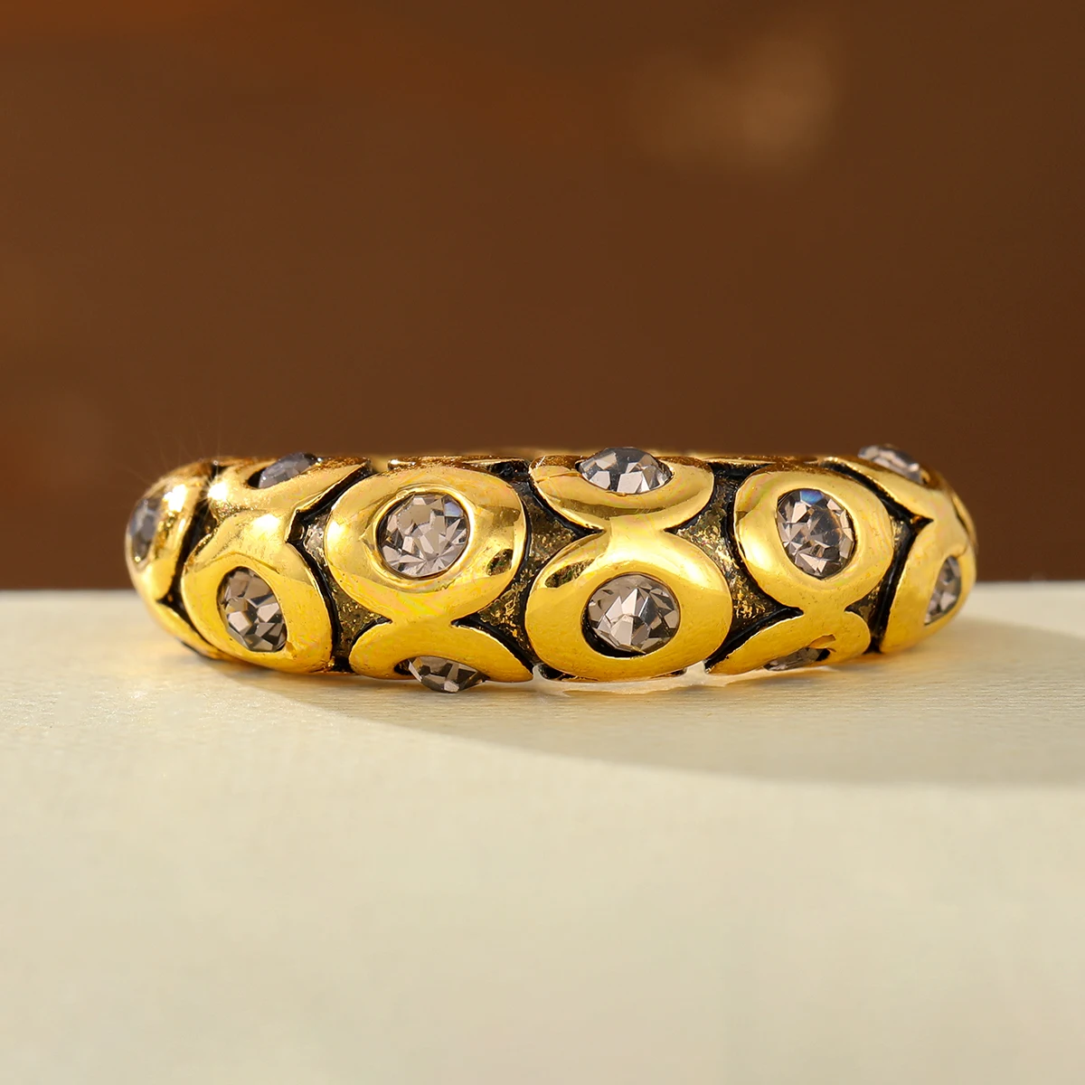 Women's Copper Geometric Pattern Ring with Gemstones