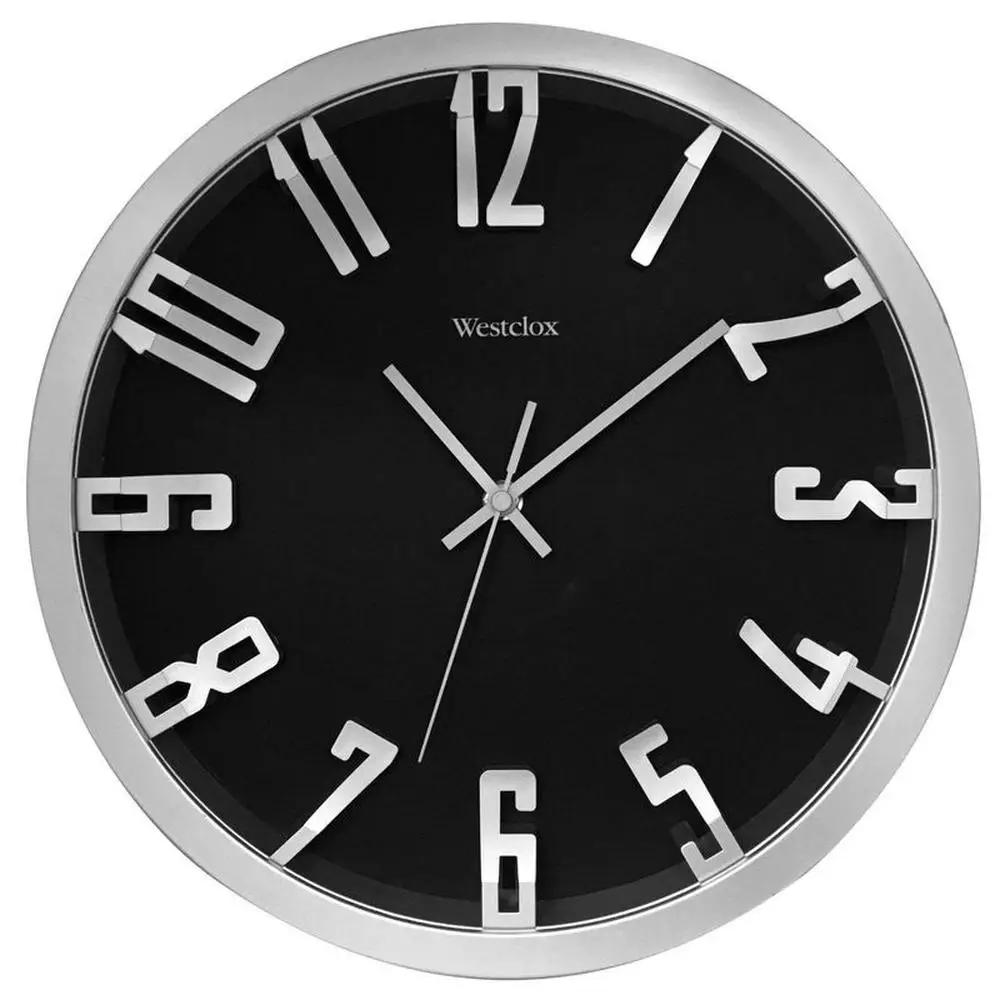 

12" Silver Metallic Wall Clock Raised Numbers Sleek Design Glass Lens Arabia Round Shape Analog Display Indoor Use 1 AA