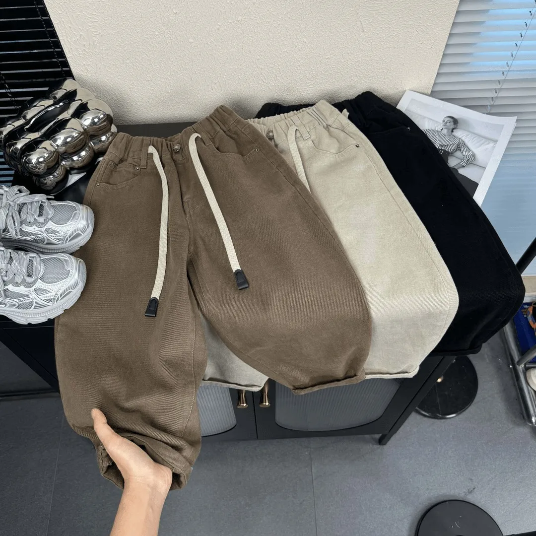 

Корейские новые осенние детские штаны для маленьких мальчиков, однотонные длинные штаны с карманами для маленьких мальчиков с эластичной резинкой на талии, штаны-карго для маленьких мальчиков