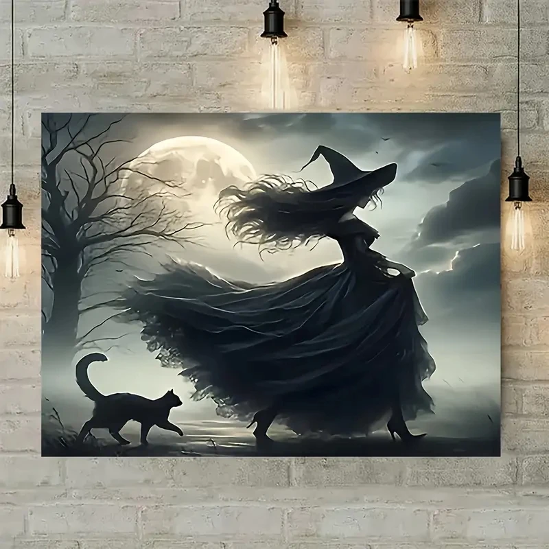 1pcs Witch and Black Cat Strolling in Frameless Canvas Art, Gothic Halloween Poster, Retro Dark Aesthetic Home Wall Decoration