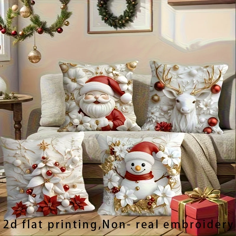 

Набор рождественских наволочек с 2D принтом, 4 шт., современное одностороннее одностороннее дерево Санта-Клауса с оленями, можно стирать в машине для декора дивана и спальни